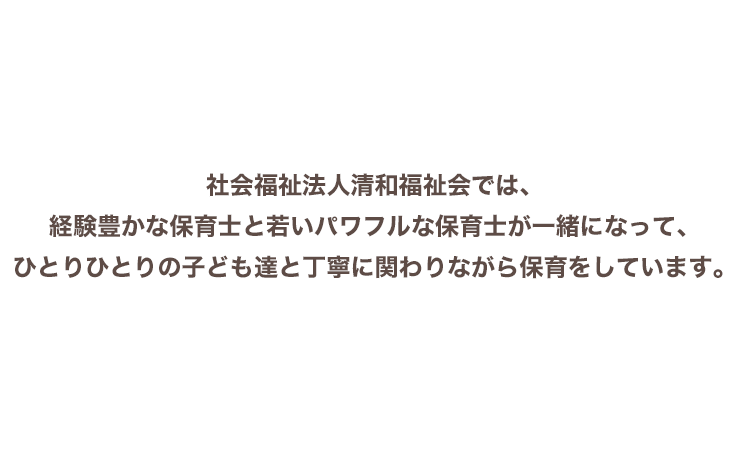 社会福祉法人清和福祉会では、経験豊かな保育士と若いパワフルな保育士が一緒になって、ひとりひとりの子ども達と丁寧に関わりながら保育をしています。