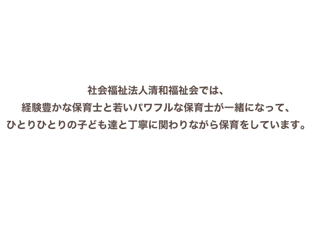 社会福祉法人清和福祉会では、経験豊かな保育士と若いパワフルな保育士が一緒になって、ひとりひとりの子ども達と丁寧に関わりながら保育をしています。